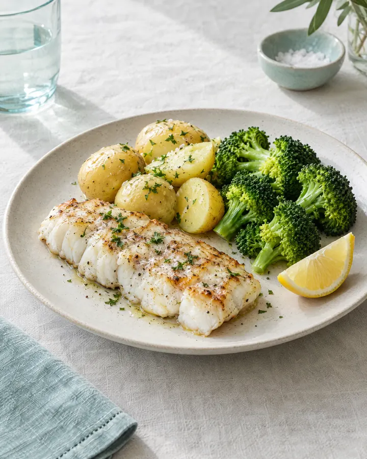 Peixe grelhado com batata cozida e brócolos.