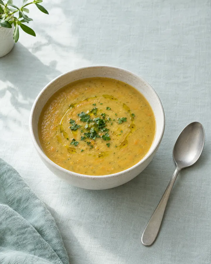 Sopa de legumes numa tigela de cerâmica clara.