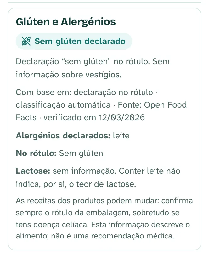 Secção Glúten e Alergénios de um iogurte: sem glúten declarado, alergénios e aviso para confirmar o rótulo.