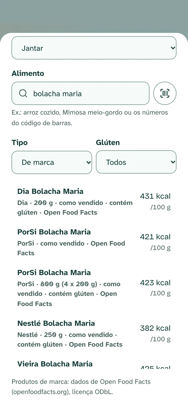 Pesquisa “bolacha maria” filtrada por produtos de marca, com a indicação de glúten de cada produto.